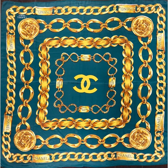 CHANEL Accessories - Chanel Silk Scarf- Forest Green w Gold Chains
